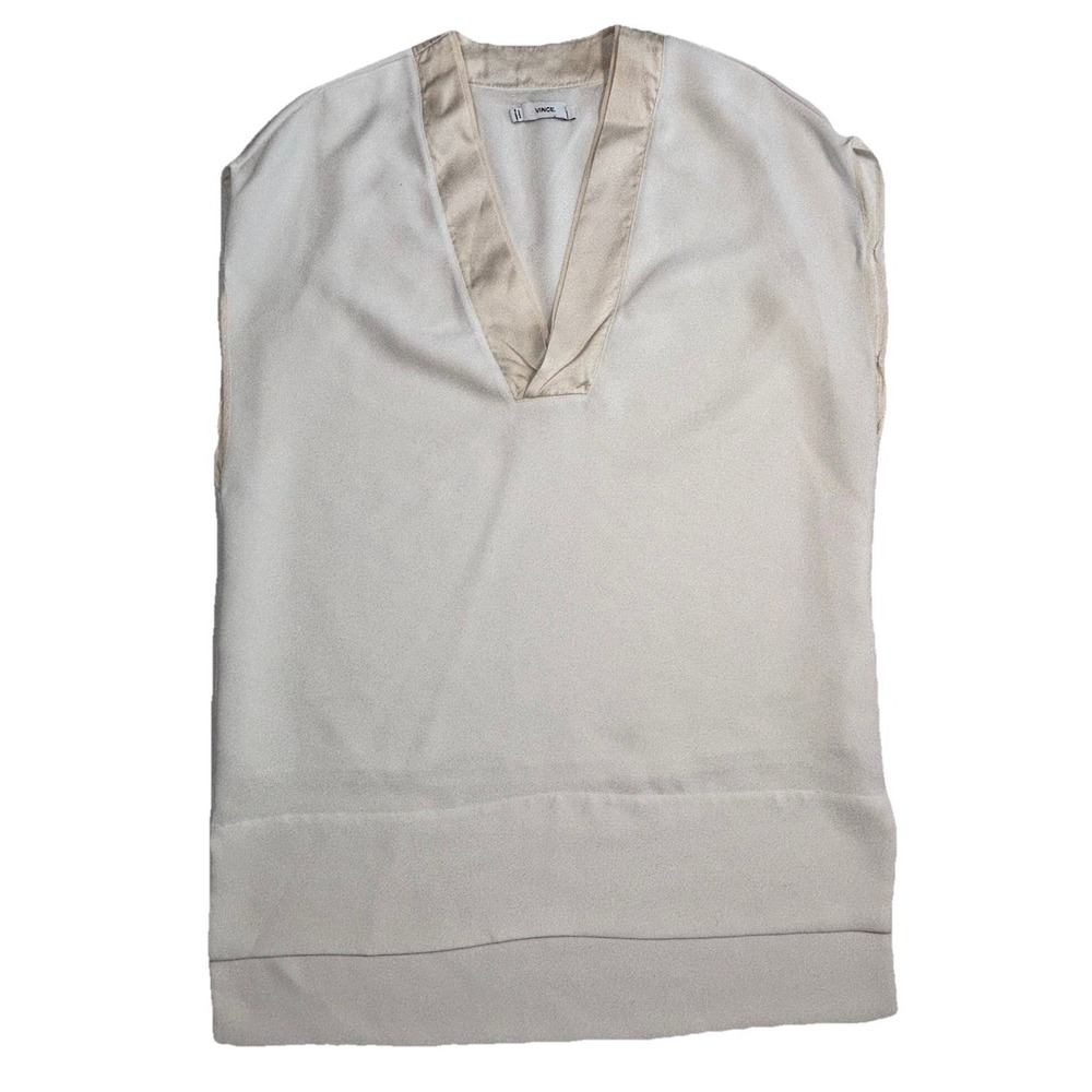 Vince Sleeveless V Neck Satin Trim Blouse Cream Minimalist Shell Top‎ XS